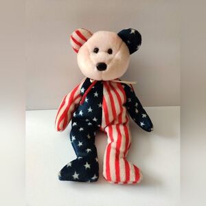 TY Beanie Baby Spangle The American Flag Bear Red White Blue With Pink Face